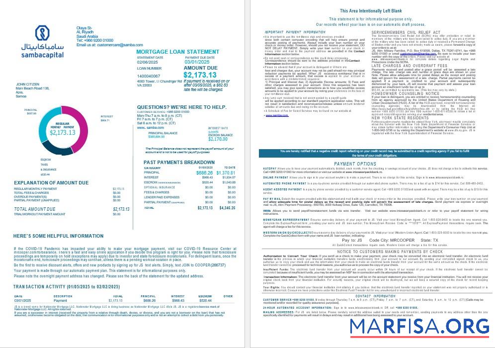 Downloadable Saudi Arabia Samba bank mortgage statement in Word and PDF formats 1 2 real example